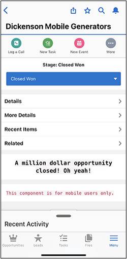 Dickenson Mobile Generators record page viewed on the Salesforce mobile app