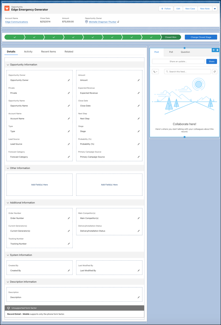 After migration, the Opportunity record Details includes five sections, each containing one or more fields.