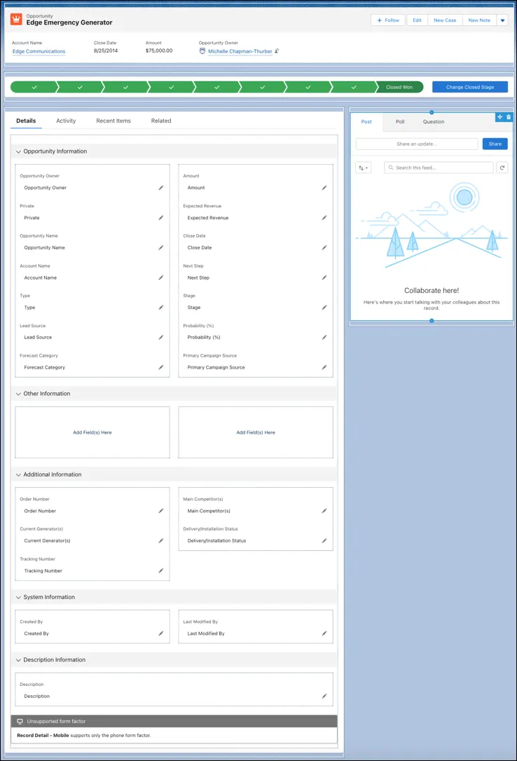 After migration, the Opportunity record Details includes five sections, each containing one or more fields.