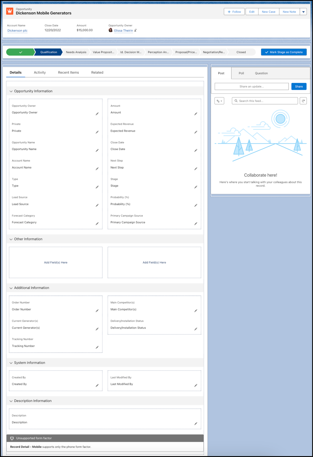 Após a migração, os Detalhes do Registro da oportunidade incluem cinco seções, cada uma contendo um ou mais campos.