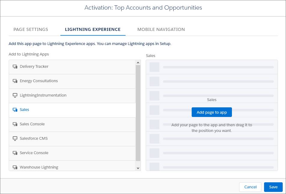 Activer la page d’application pour Lightning Experience