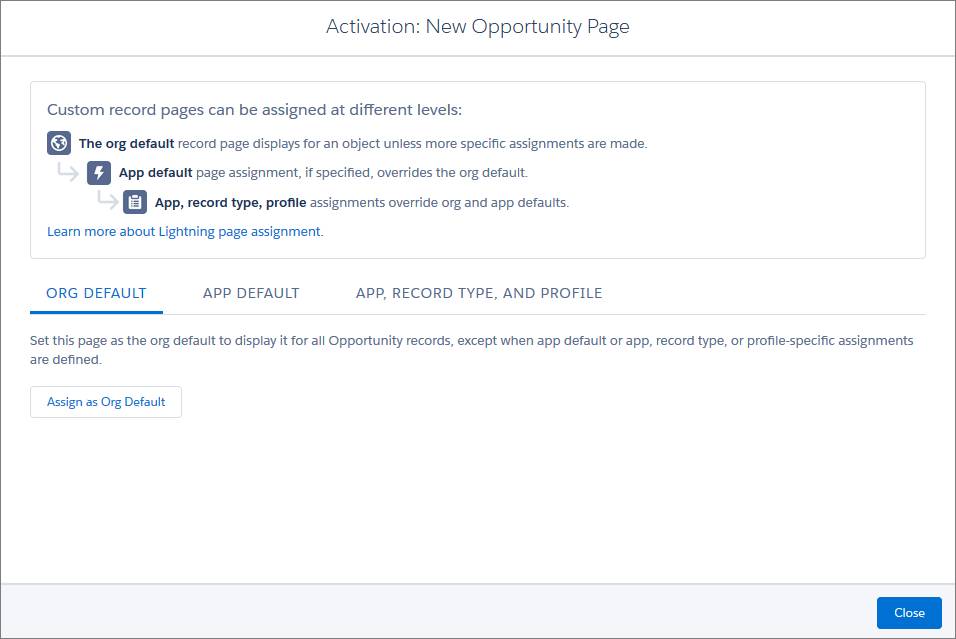 Activation: Opportunity Record Page (有効化: 商談レコードページ) の 3 つのオプション: [Org Default (組織のデフォルト)]、[App Default (アプリケーションのデフォルト)]、[App, Record Type, Profile (アプリケーション、レコードタイプ、プロファイル)]