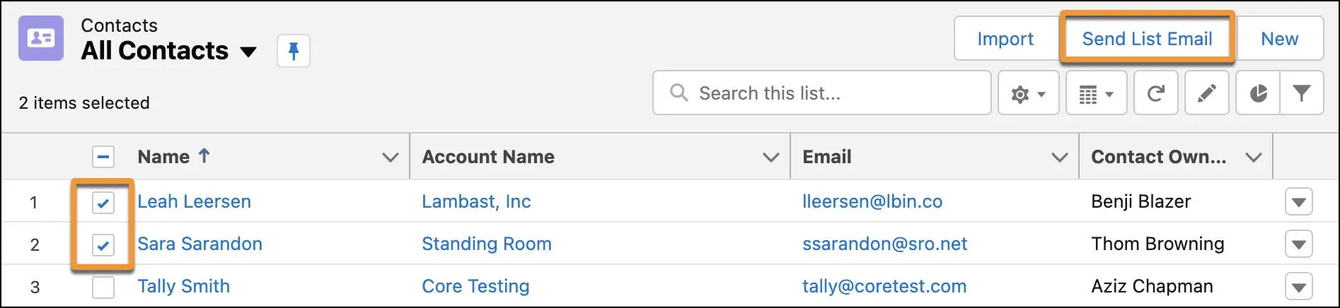 Deux contacts sélectionnés dans une vue de liste et le bouton Envoyer un e-mail de liste en surbrillance.
