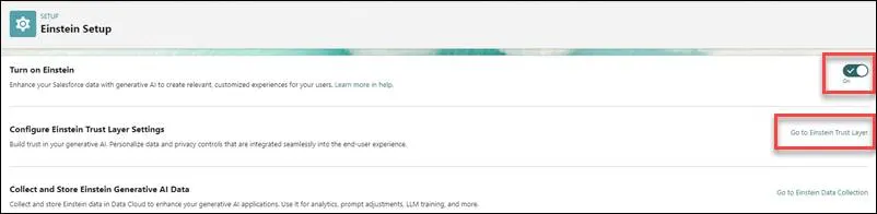 A Salesforce Einstein Setup page with the ability to activate Einstein and adjust trust layer settings.