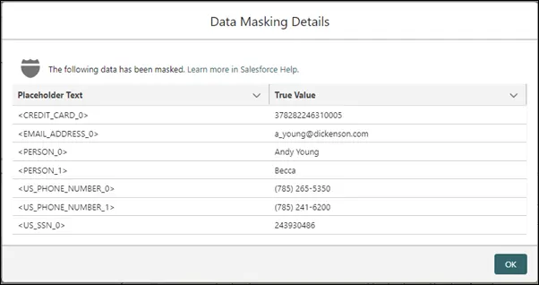 A table is displayed with masked data and the corresponding true values of a credit card number, email address, names, phone numbers, and SSN.