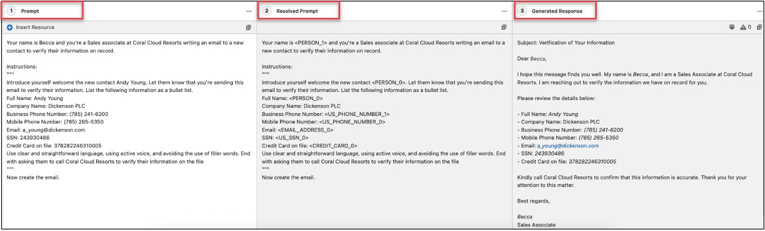 A screenshot of a prompt template workspace, displaying an email template, a preview of the template, and a response to the template.