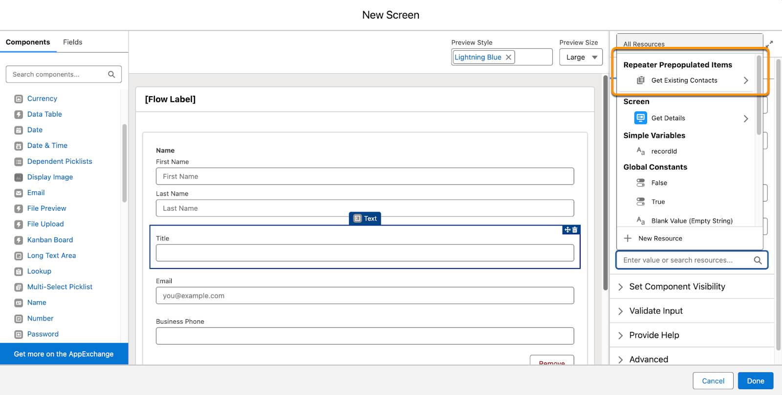 The Repeater Prepopulated Items section appears in the resource picker of a screen component’s Default Value field.