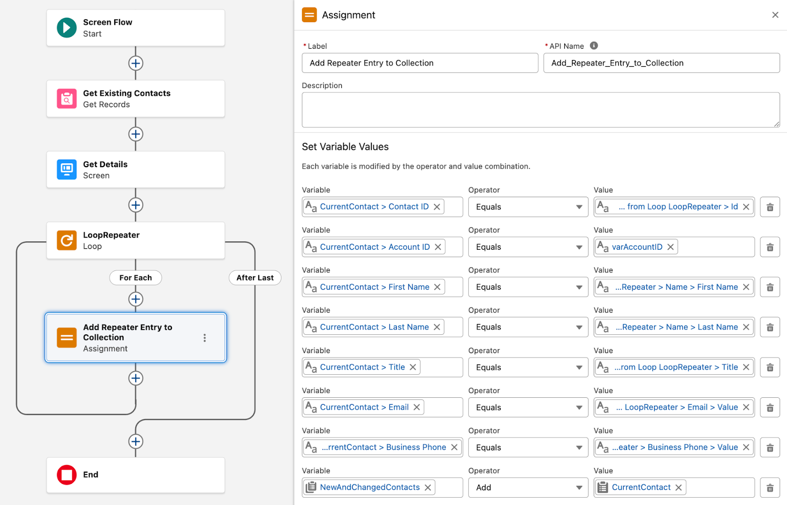 The flow builder canvas and Assignment configuration panel corresponding to the preceding steps.