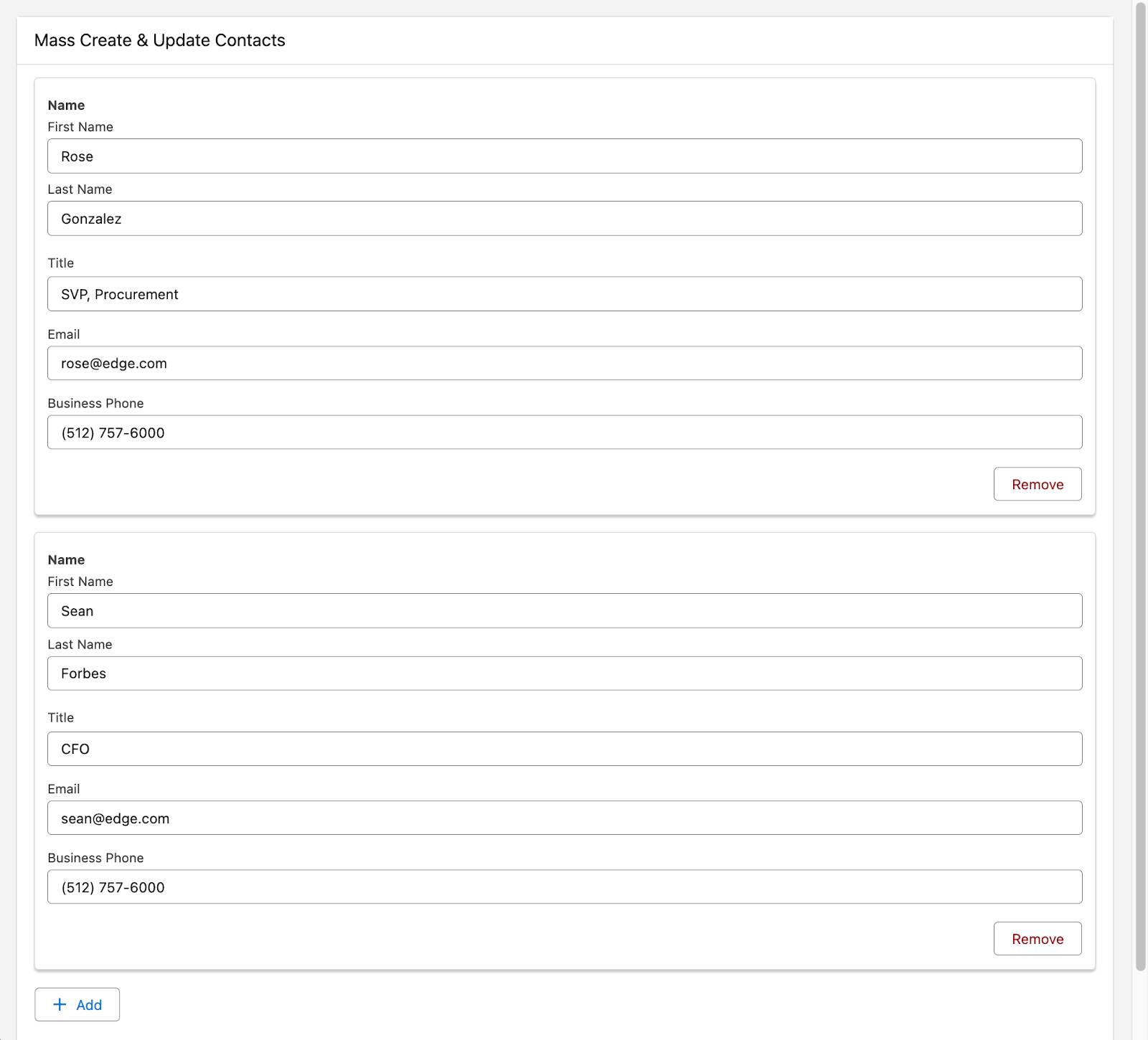 The Mass Create & Update Contacts flow with two contacts prepopulated in the repeater.