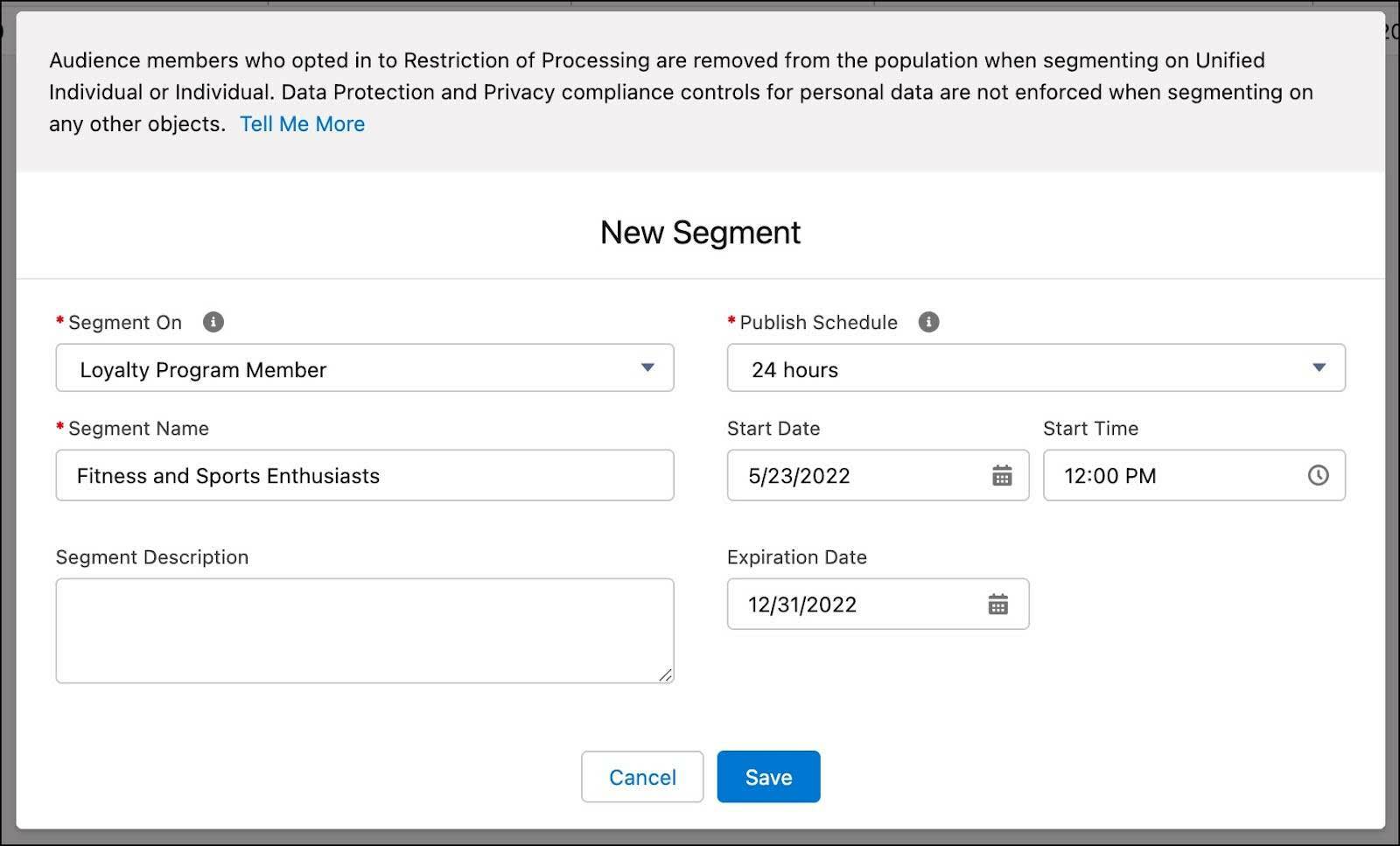 The New Segment window where you define the segment