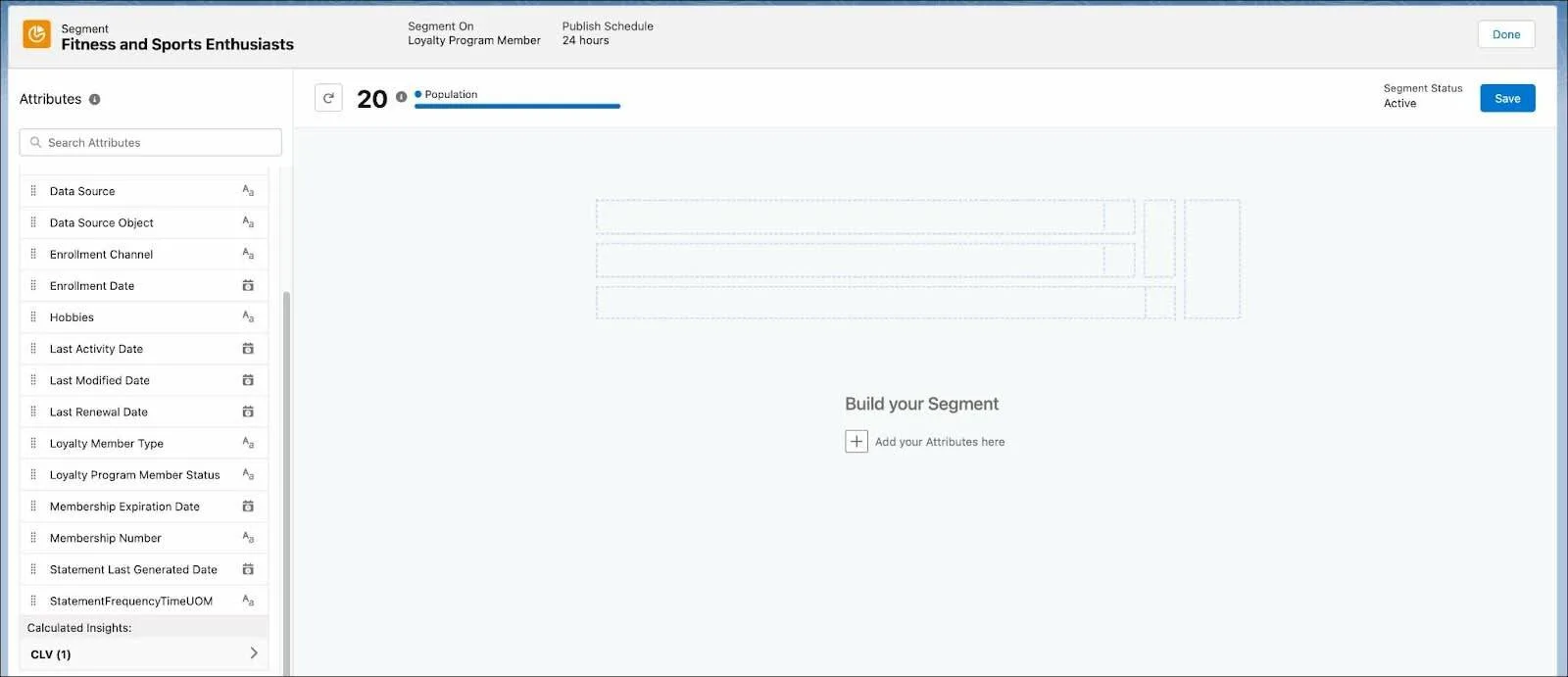 The segment page where you select the attributes to create segment rules.