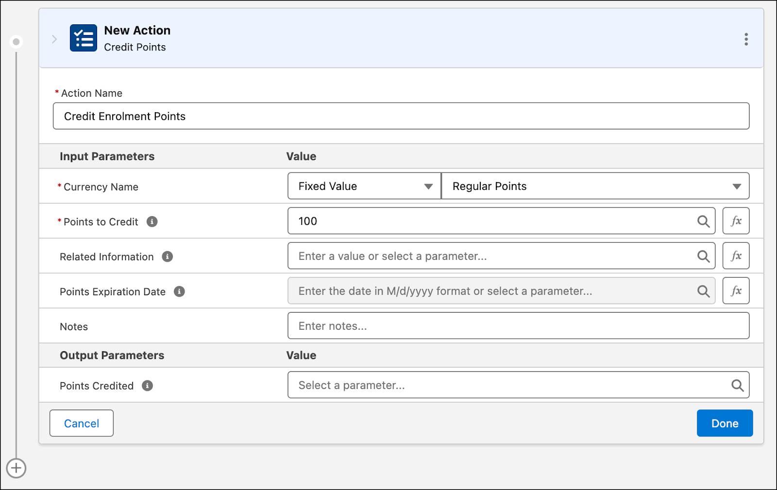 The Credit Points action used in a loyalty program process rule.