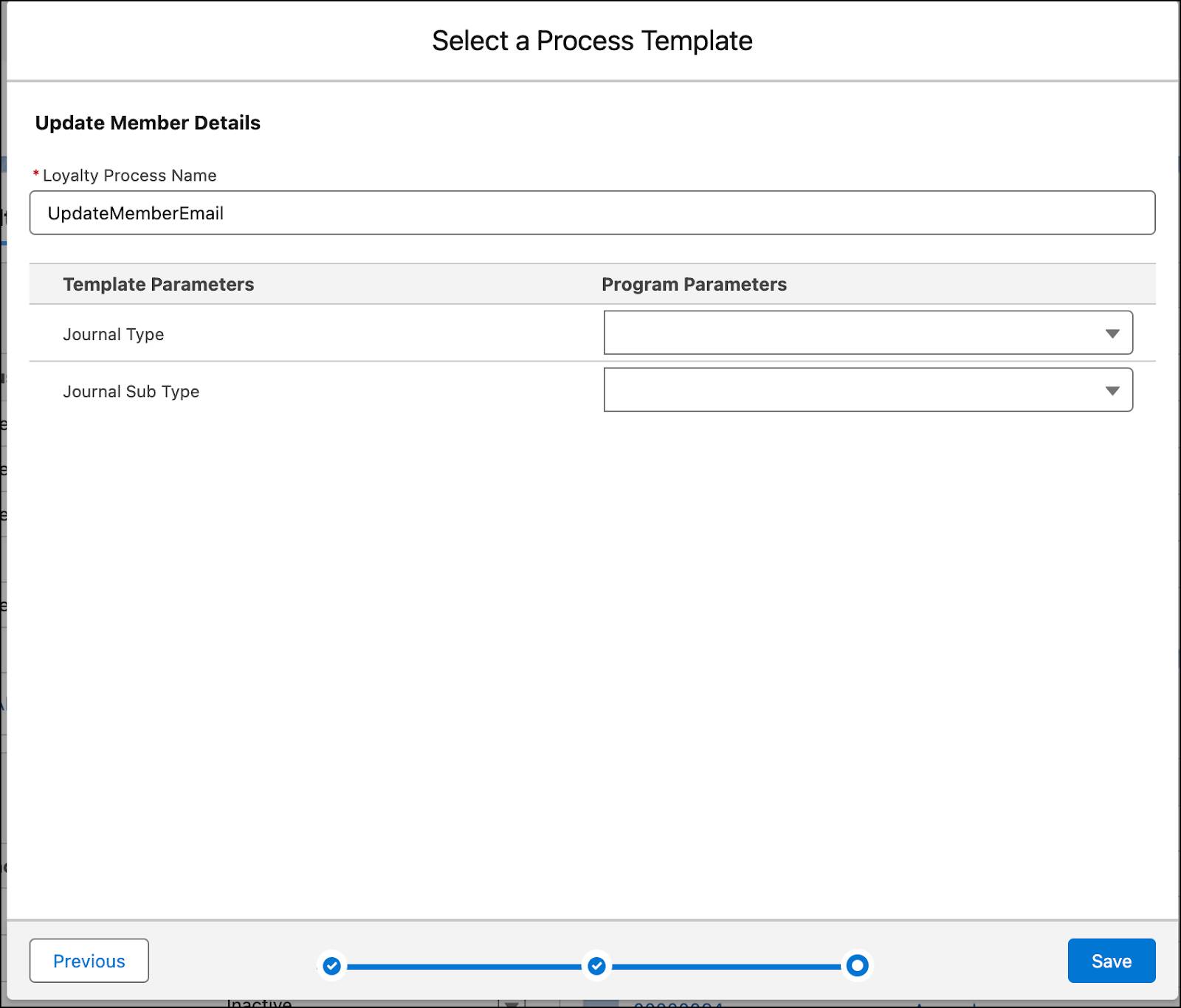 The Select a Process Template window where you enter details of the process.