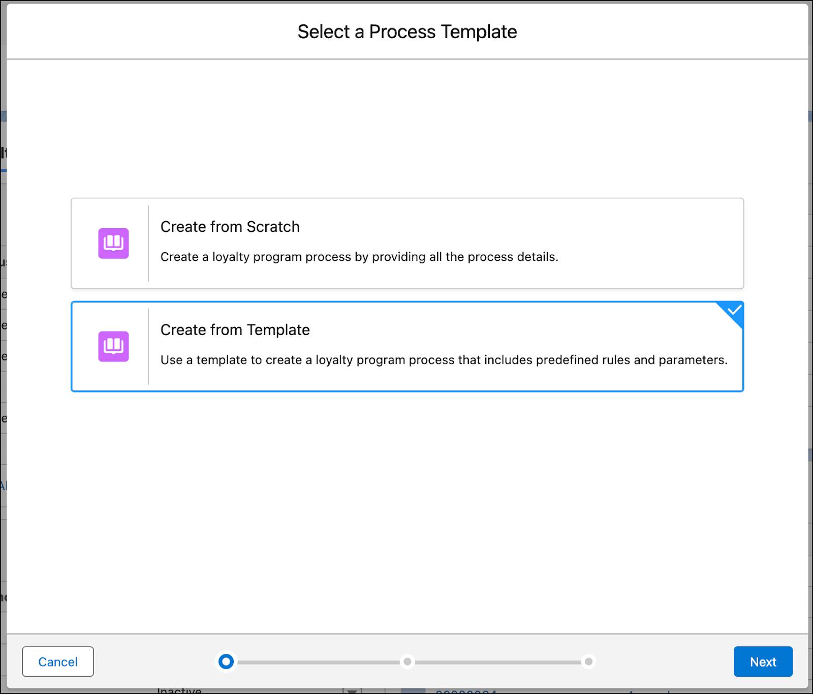 The Select a Process Template window where you either select a loyalty program process template or create one from scratch.