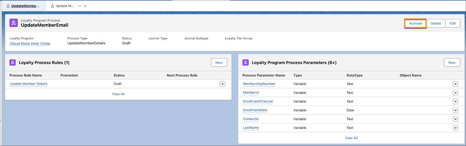 The program process page where you activate the process.