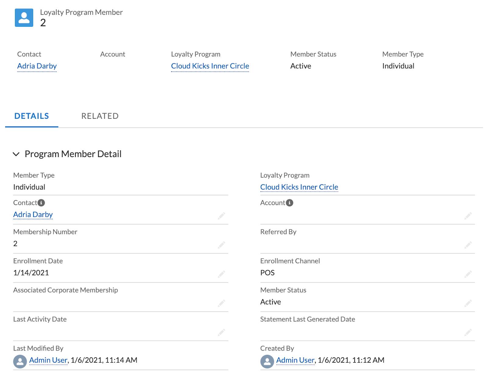 Adria Darby のメンバーシップ詳細が表示された Cloud Kicks Inner Circle サイト。