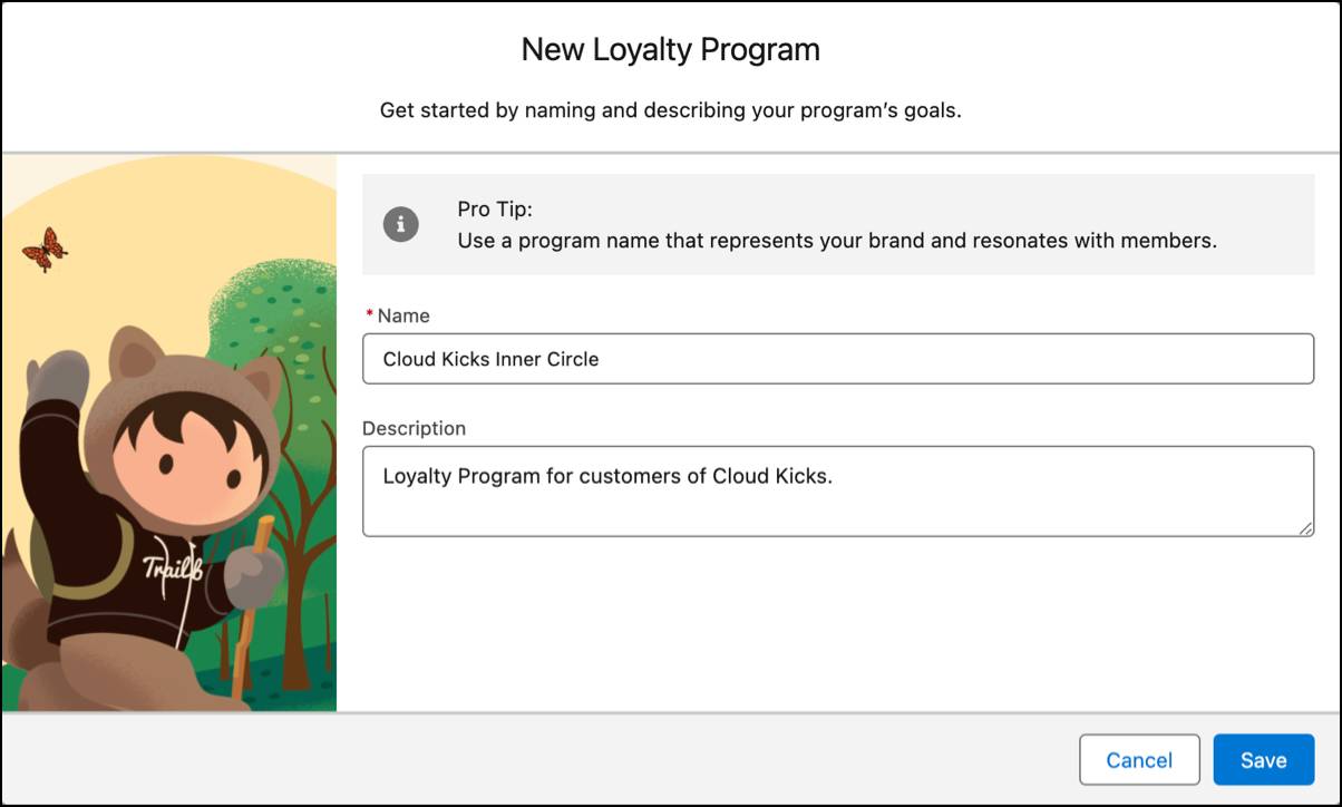 Cloud Kicks Inner Circle という名前のプログラムを作成する [New Loyalty Program (新規ロイヤルティプログラム)] ウィンドウ。