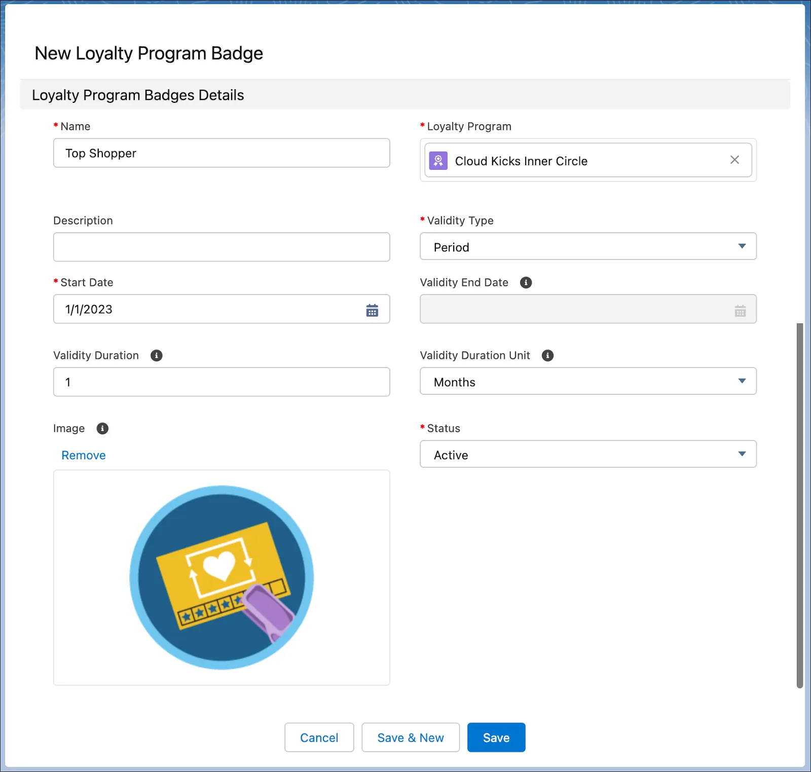 The New Loyalty Program Badge window where you design the badge.