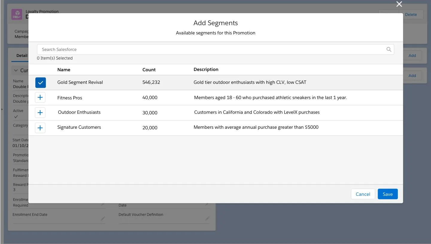 The Add Segments window where you can select the available segments to assign to the promotion.
