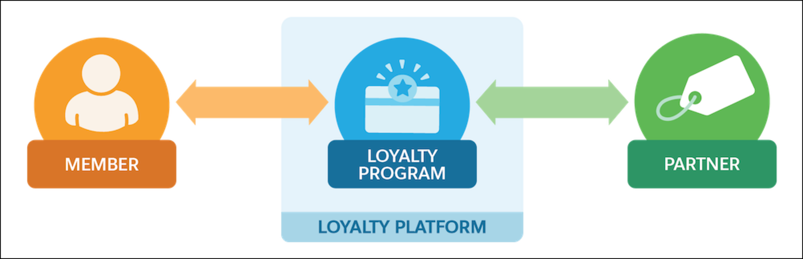 A graphical representation of how members, partners, and the program interact with one another. A bidirectional arrow connects the member and the partner to the program to indicate that data flows both ways.