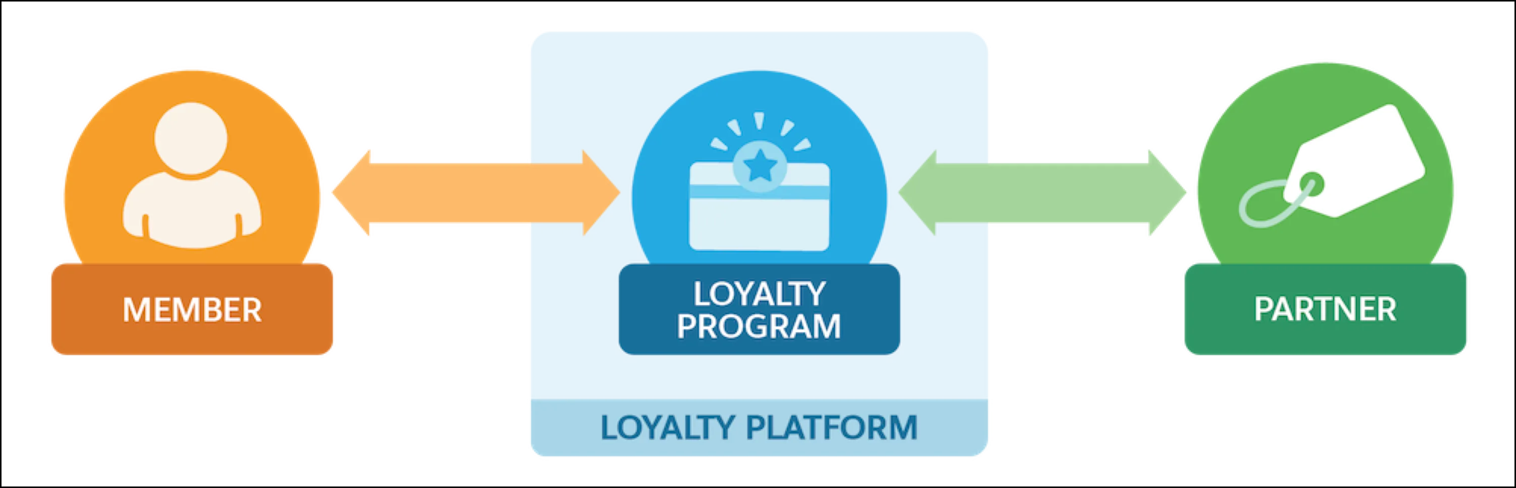 A graphical representation of how members, partners, and the program interact with one another. A bidirectional arrow connects the member and the partner to the program to indicate that data flows both ways.