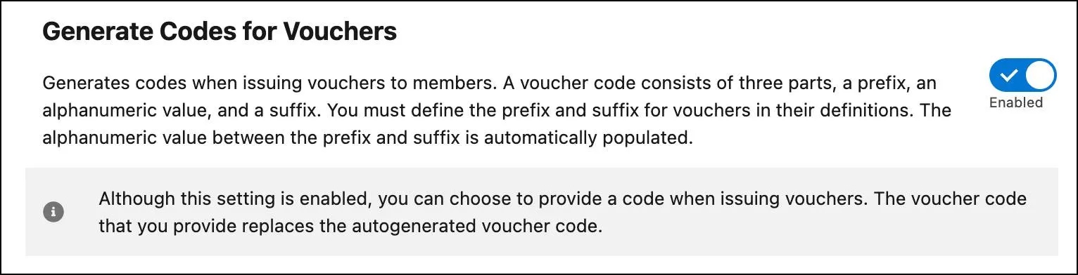 The Generate Codes for Vouchers setting enabled.