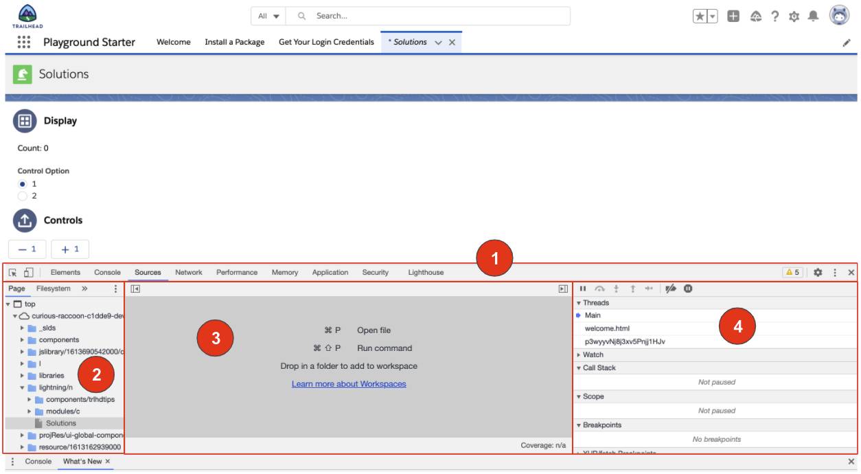 Solutions App with DevTools open. Callouts correspond to the description that follows.