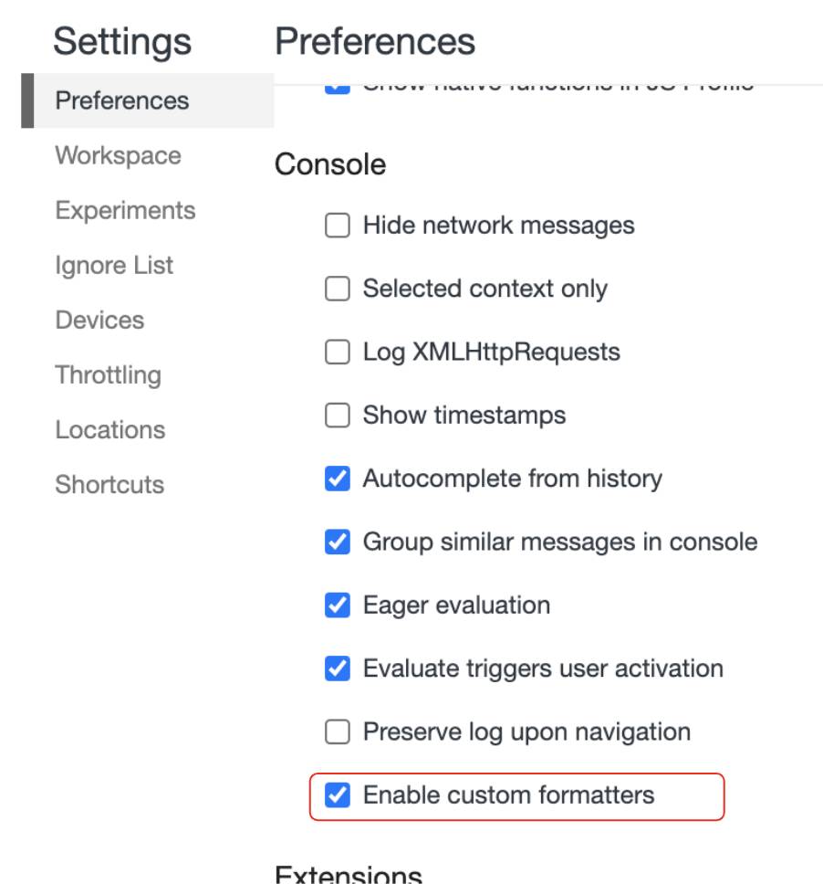Console with Enable customer formatters selected.