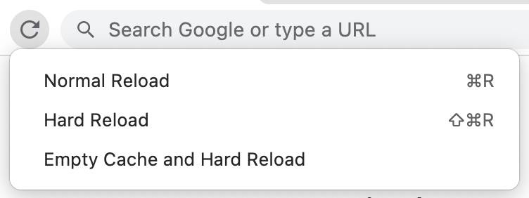 Reload menu with options Normal Reload, Hard Reload, and Empty Cache and Hard Reload.