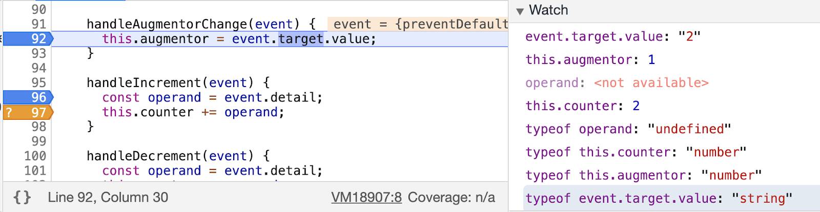 Watch shows that typeof event.target.value is string.