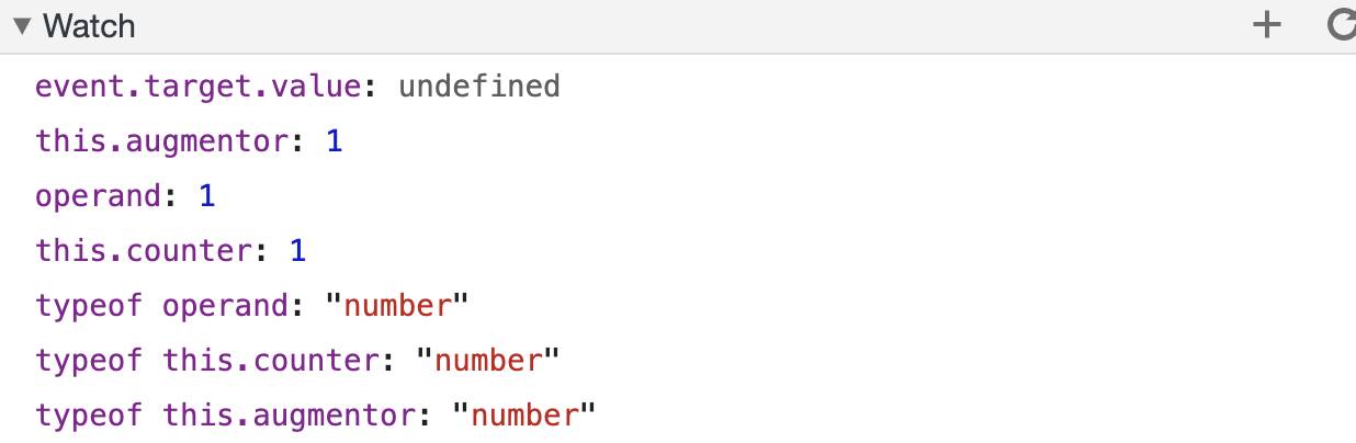 Watch shows that the three typeof items are still numbers and the value of this.counter has changed from 0 to 1.