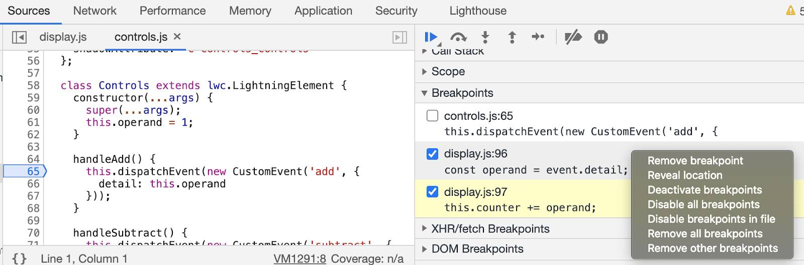 Right-clicking in the Breakpoints pane displays these additional options: Remove breakpoint, Reveal location, Deactivate breakpoints, Disable all breakpoints, Disable breakpoints in file, Remove all breakpoints, and Remove other breakpoints