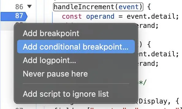 Right-clicking the line number displays five menu items: Add breakpoint, Add conditional breakpoint, Add logpoint, Never pause here, and Add script to ignore list commands.