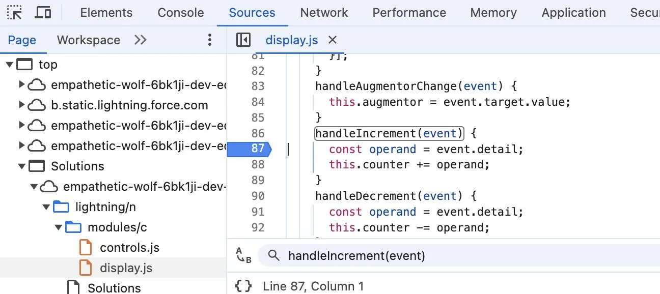 DevTools Code Editor with const operand = event.detail; line selected