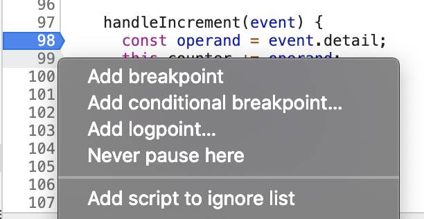 Right-clicking the line number displays five menu items: Add breakpoint, Add conditional breakpoint, Add logpoint, Never pause here, and Add script to ignore list commands.