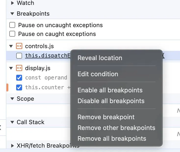 Un clic droit dans le volet Breakpoints (Points de contrôle) permet d’afficher ces options supplémentaires : Reveal location (Afficher l’emplacement), Edit condition (Modifier la condition), Enable all breakpoints (Activer tous les points de contrôle), Disable all breakpoints (Désactiver tous les points de contrôle), Remove breakpoint (Supprimer le point de contrôle), Remove other breakpoints (Supprimer d’autres points de contrôle) et Remove all breakpoints (Supprimer tous les points de contrôle).