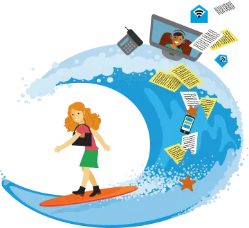 Woman dressed in work clothes, but on a surf board with many work-related items flying in the waves.