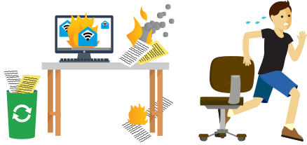 De nombreux outils de travail en flammes, un homme paniqué se sauve.