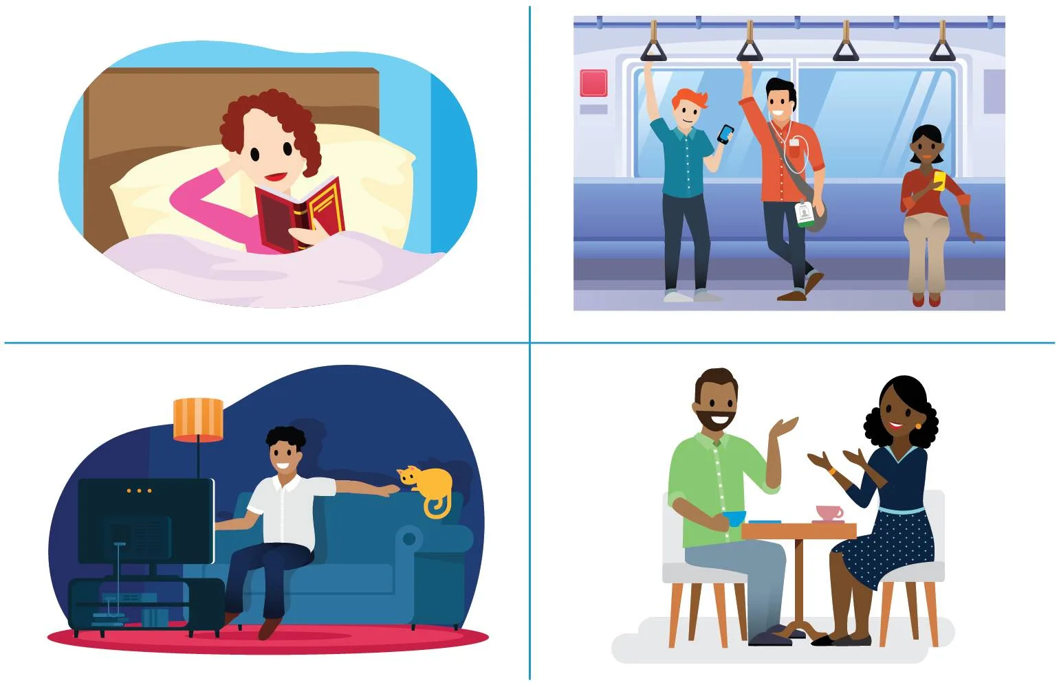 Four scenes showing a woman reading in bed, commuters reading the news and listening to podcasts on their phones, a man watching television, and a man and a woman having a conversation