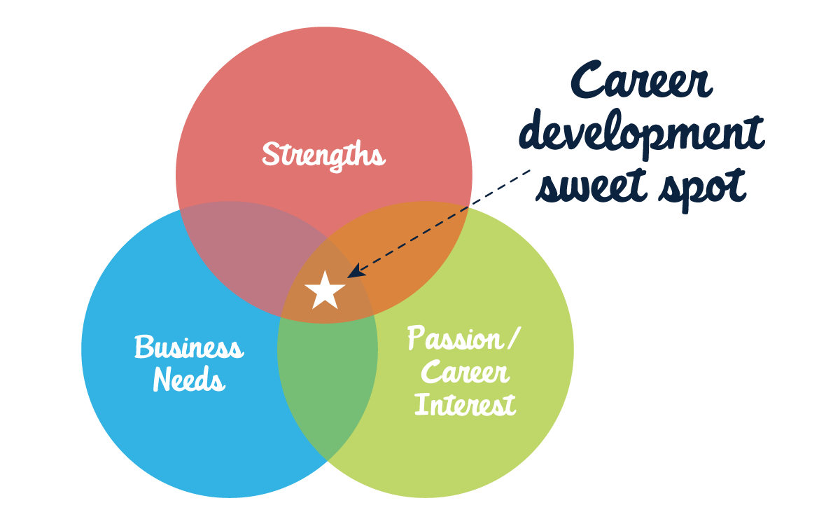 Find the career development sweet spot between your strengths, passion/career interest, and business needs.