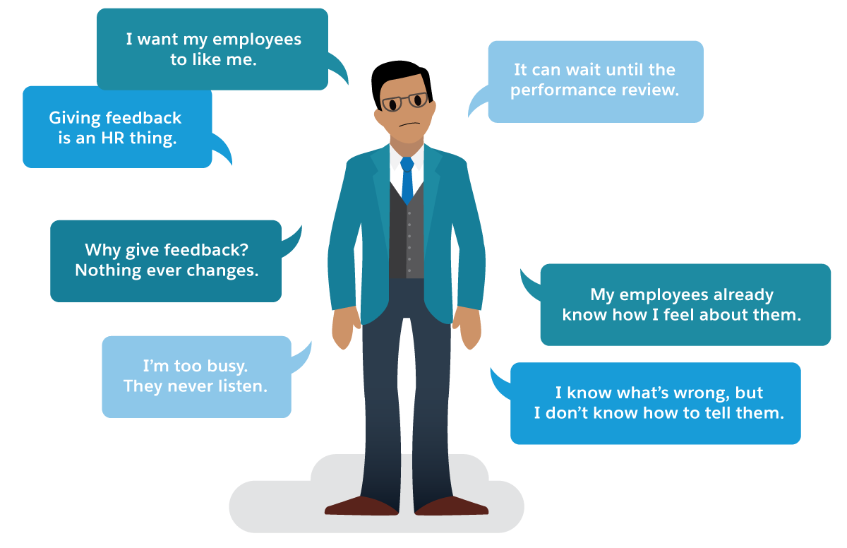 Why aren't managers giving feedback? A man with thought bubbles thinks “I want my employees to like me.” and “It can wait until the performance review.”