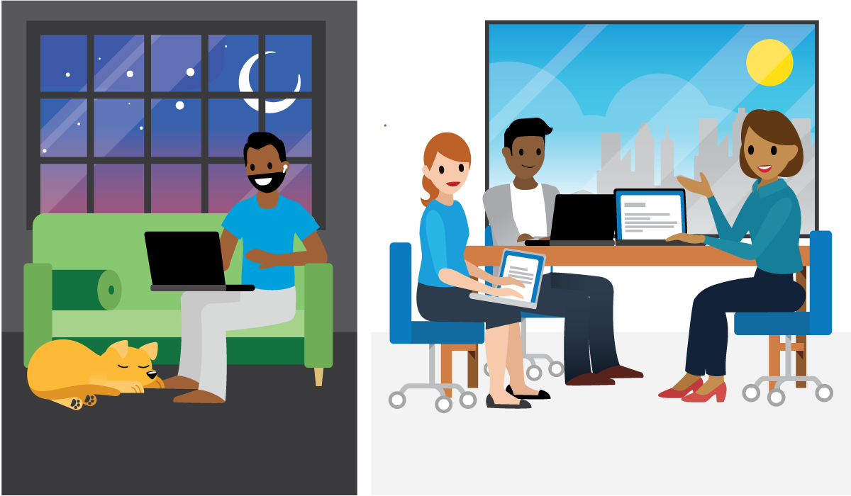 Two different scenes: one daytime scene with people in the office speaking on a phone conference, another nighttime scene with dog sleeping on the floor and man communicating by way of a computer.