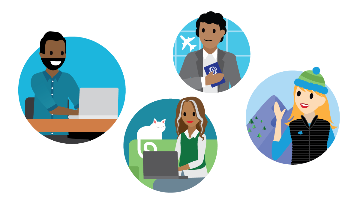 Quatre personnes dans quatre environnements différents : une femme dans les montagnes, une femme travaillant dans son salon, un homme dans un aéroport, homme travaillant à son bureau.