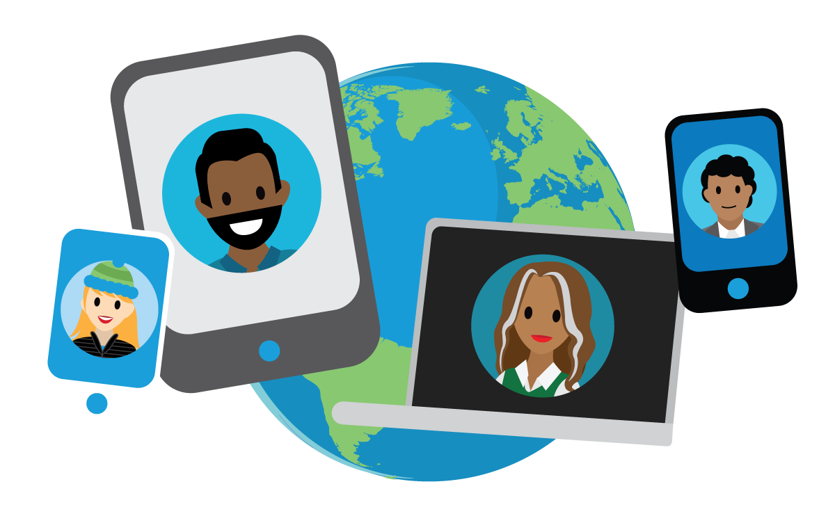 Dispositivos diferentes mostrando os rostos de pessoas diferentes tendo um globo como tela de fundo