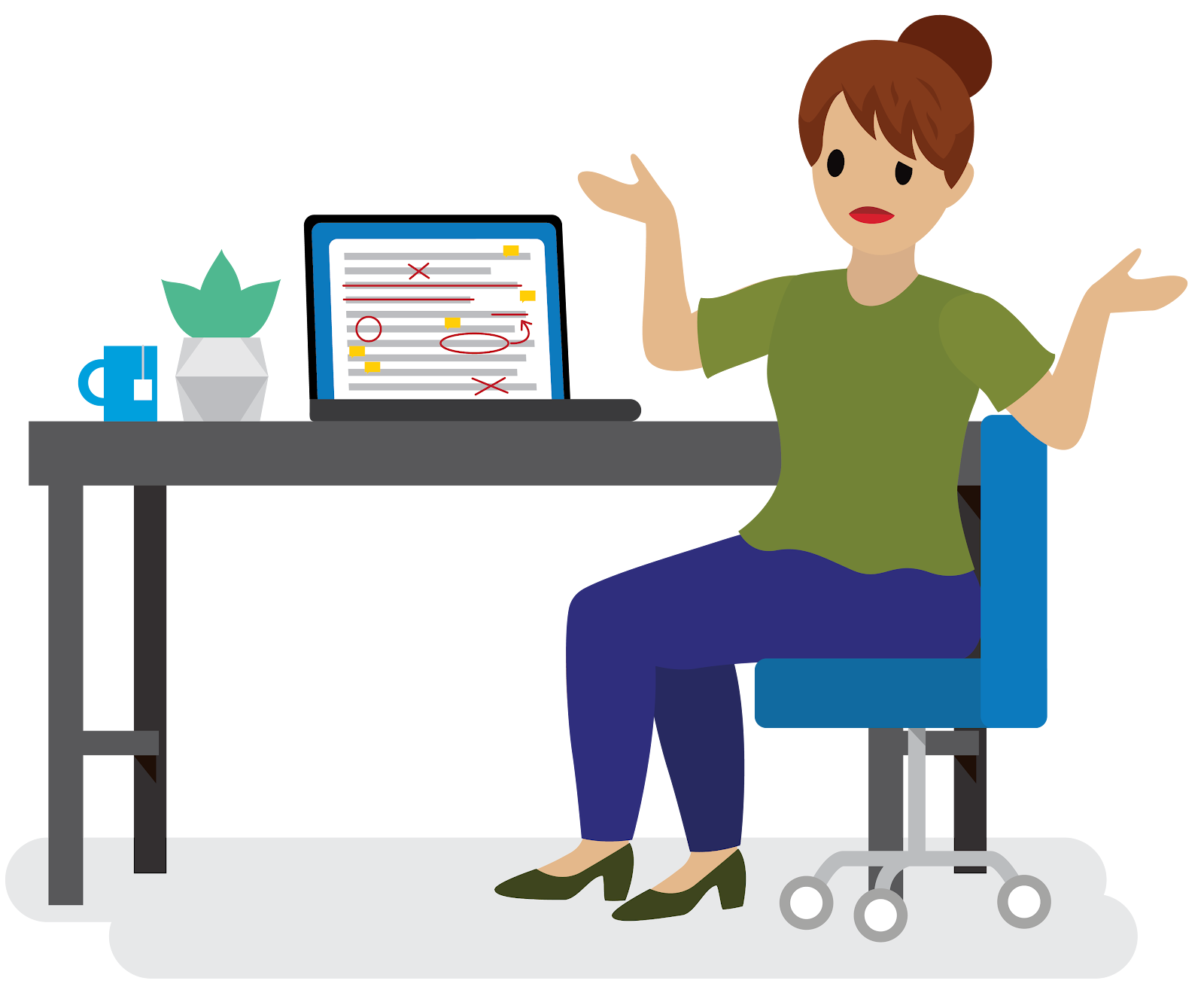 Employee sitting at a desk, confused by all of the red marks on the document.
