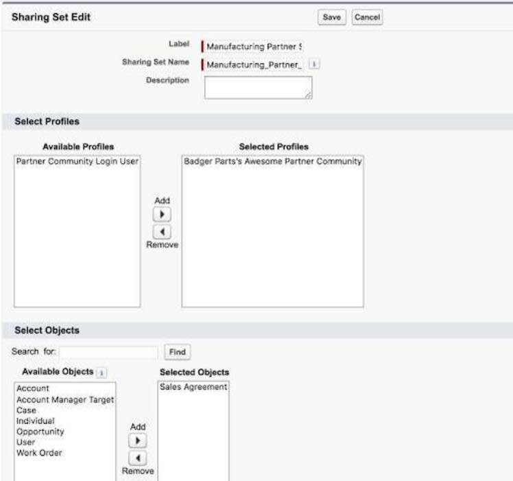 Image showing the settings for sharing sets for the partner site.