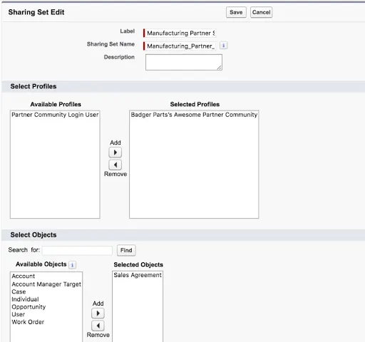 Image showing the settings for sharing sets for the partner site.