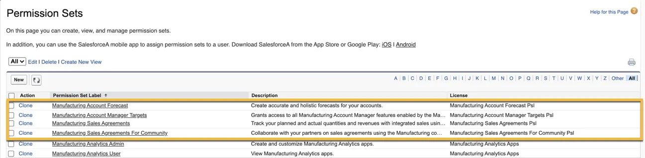 Image showing the list of all Manufacturing Cloud permission sets in Setup.