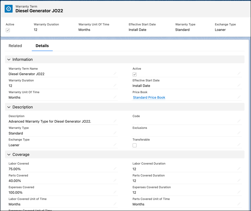 Screen capture of a Warranty Term record showing details such as warranty duration, type, and coverage.