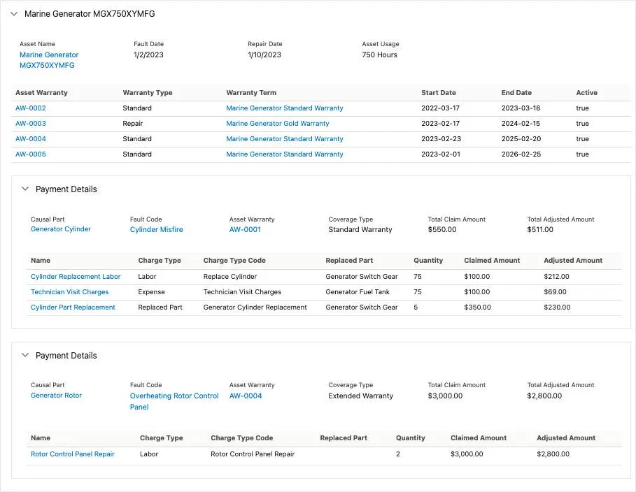 Screen capture of a Claim Items tab showing claim items, asset warranties, claim coverages, and claim coverage payment details for a claim.